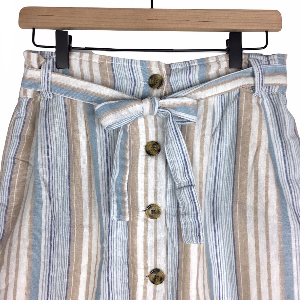 DASH Linen Blend Skirt Stripe Print Button Tie Waist Minimalist Modest Small - Picture 2 of 8